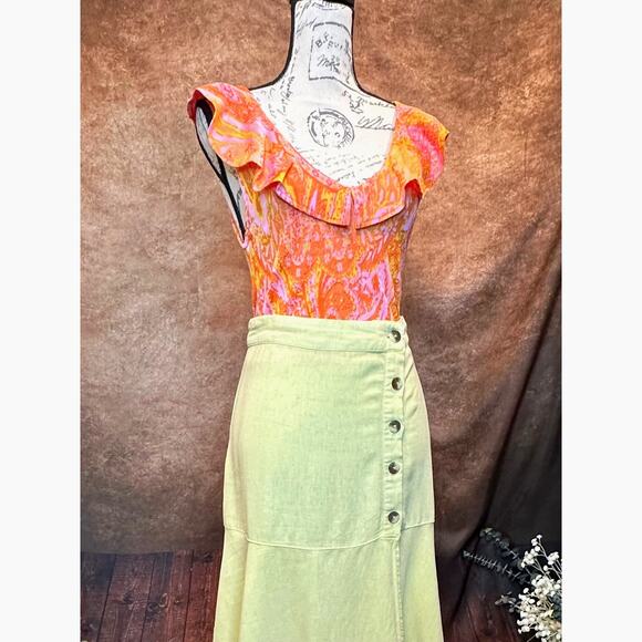 Free People Linen Rayon Poppy Flounce Slit Midi Skirt Citron size 2 - Picture 7 of 16
